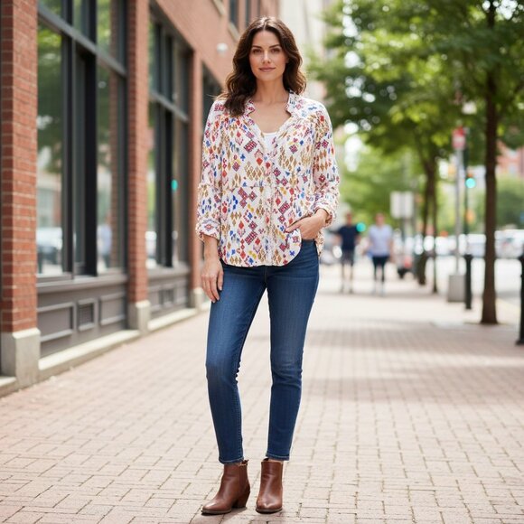 Blue B Button-Up Blouse Geometric Western Ikat Sz M #237K - Picture 3 of 9